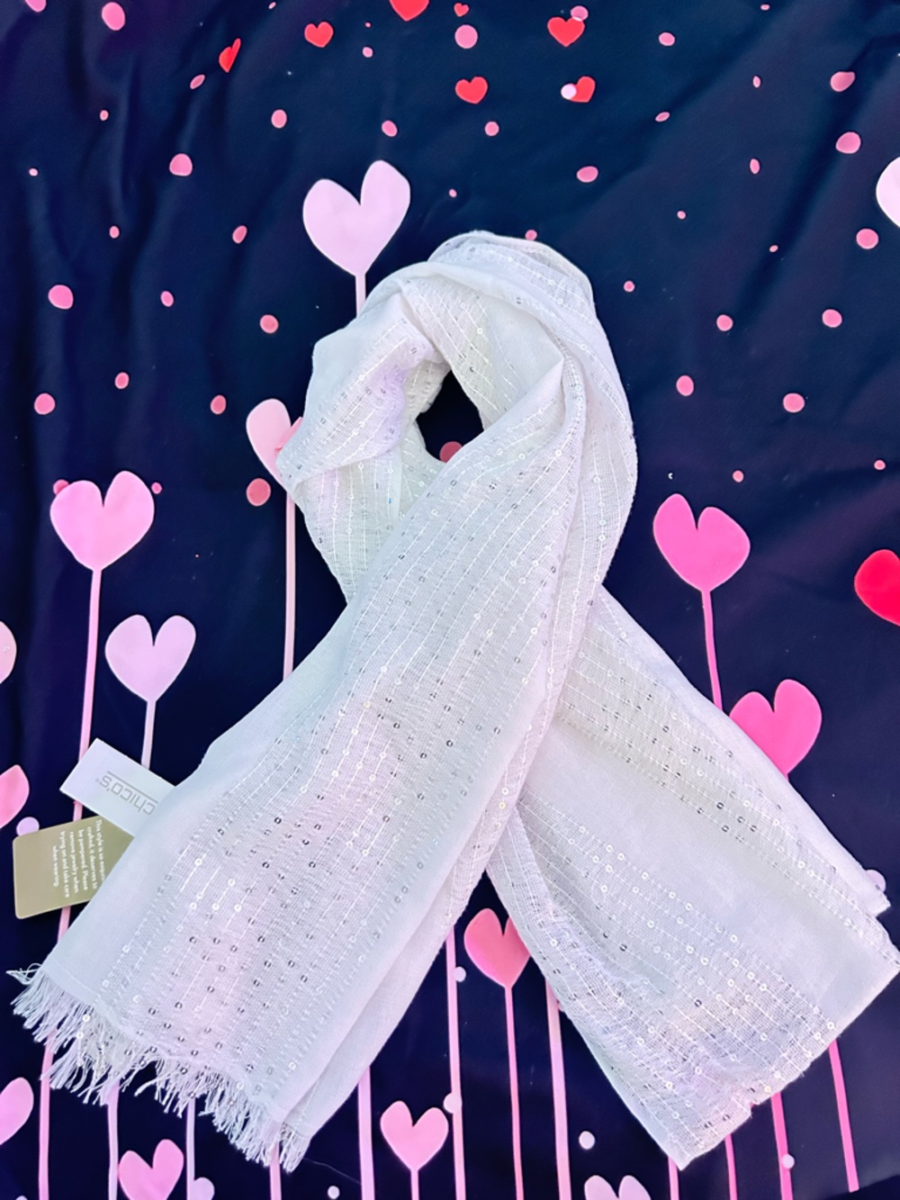 Chico's White Lightweight Sequin Wrap Scarf